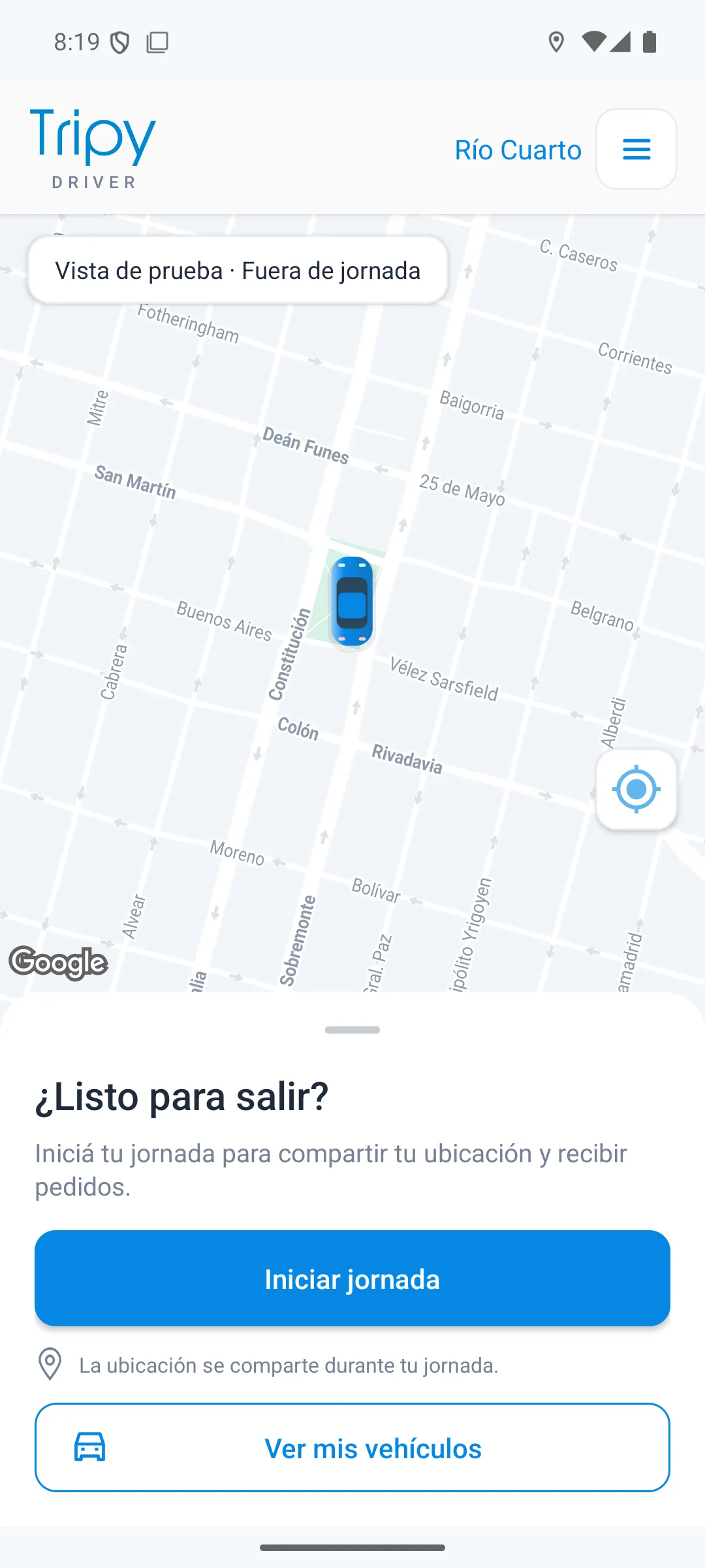 Vista de Tripy Driver con la opción Iniciar jornada