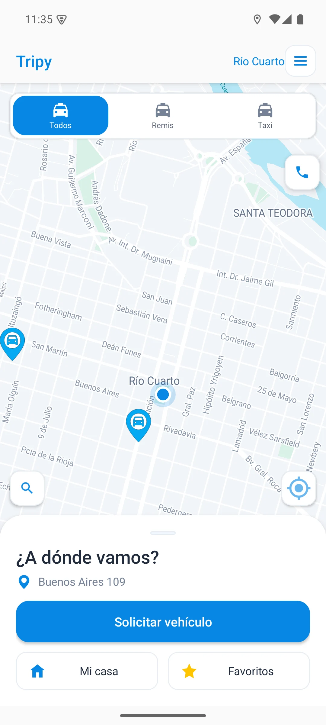 Pantalla de Tripy con mapa de Río Cuarto, taxis, remises y botón para solicitar un vehículo